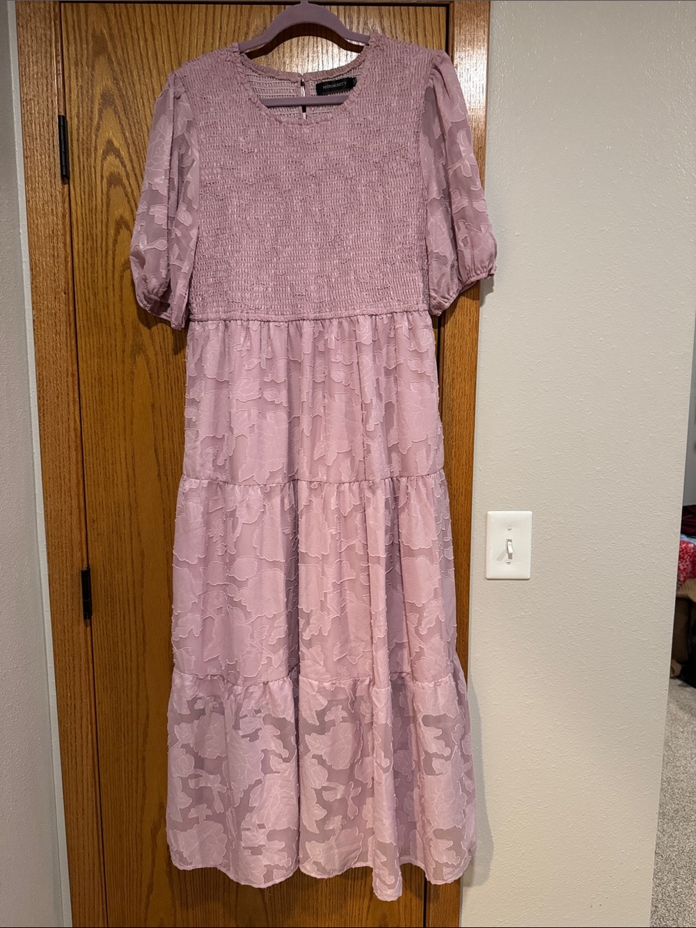 Smocked Bodice Puff-Sleeve Midi Dress in Dusty Rose - Picture 2 of 5